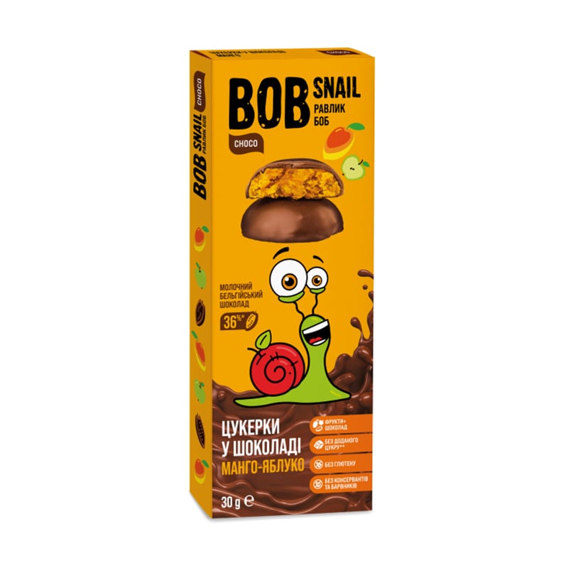 Дитячі натуральні цукерки Bob Snail Манго-яблуко, в молочному шоколаді, 30 г