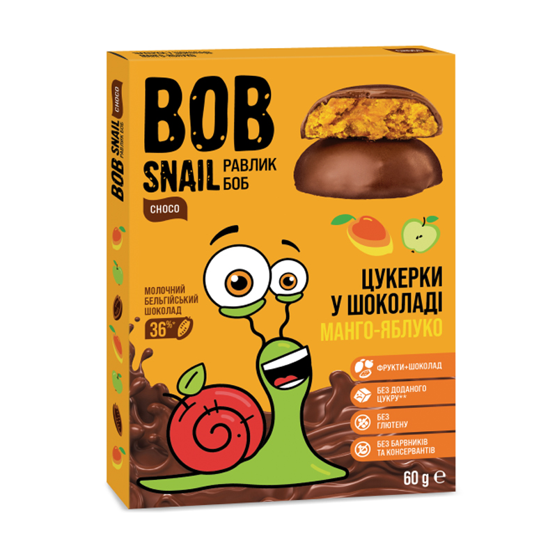 Дитячі натуральні цукерки Bob Snail Манго-яблуко, в молочному шоколаді, 60 г